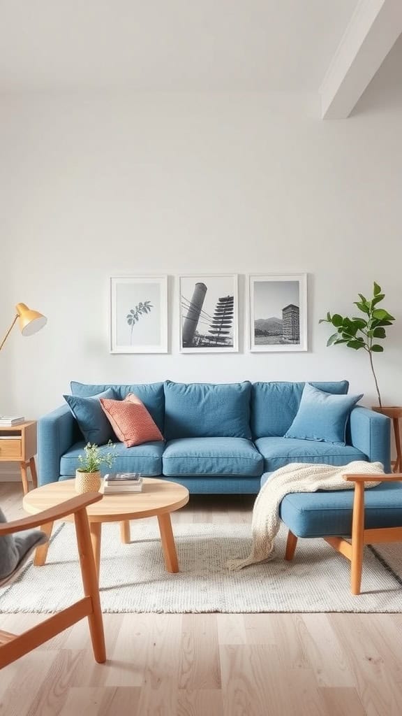 Scandinavian-inspired living room featuring a blue couch, wooden furniture, and decorative elements.