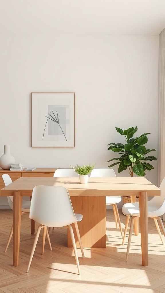 Minimalist dining room with a wooden table, white chairs, and a small plant.