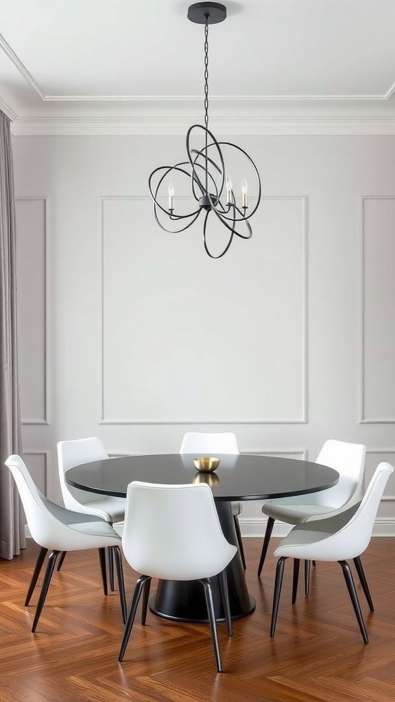 A minimalist dining room featuring a round black table, white chairs, and a simple floral centerpiece.
