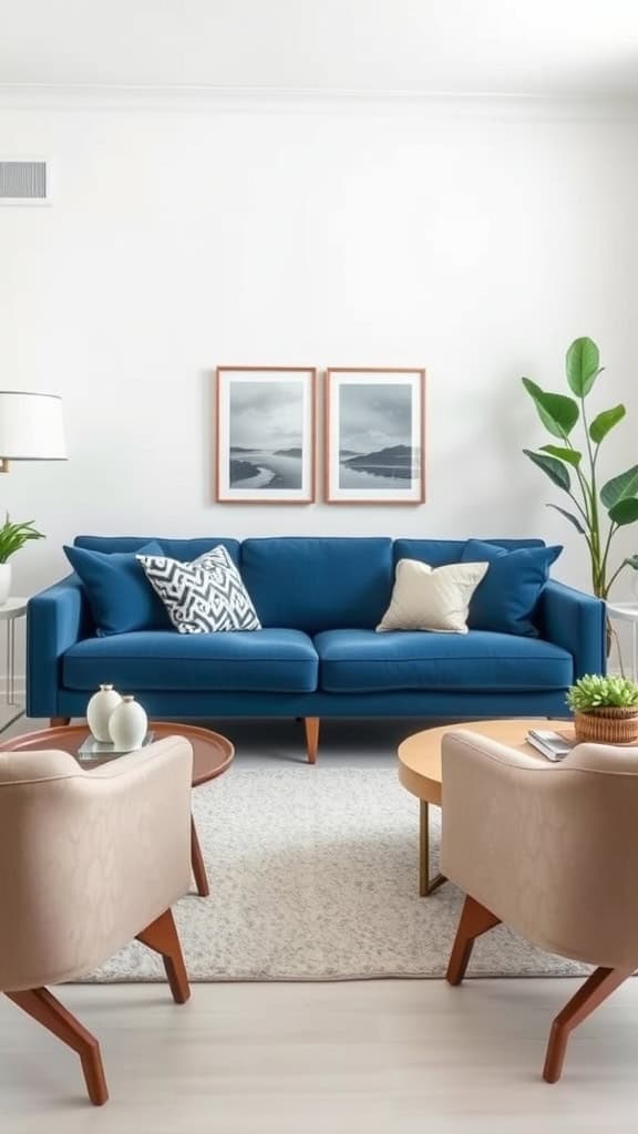 Modern living room featuring a blue couch with light chairs and plants.