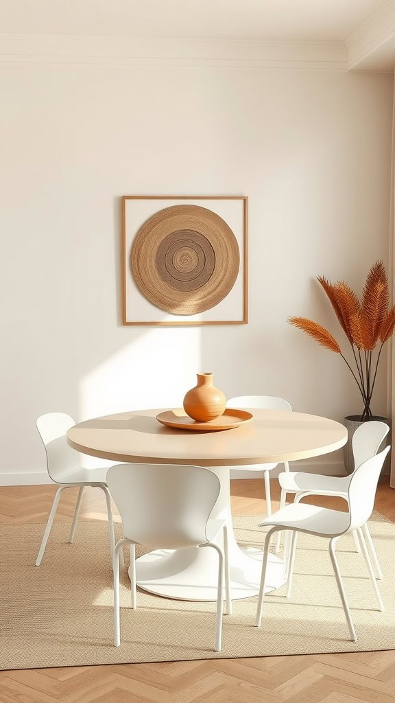 A minimalist dining room with a round wooden table, white chairs, and a simple vase.