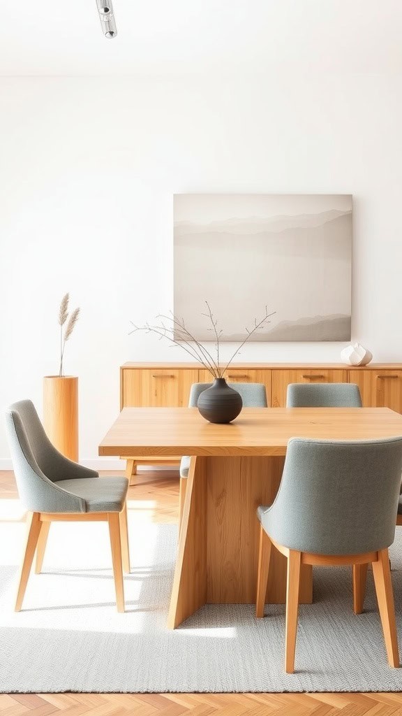 Minimalist dining room with a wooden table and gray chairs