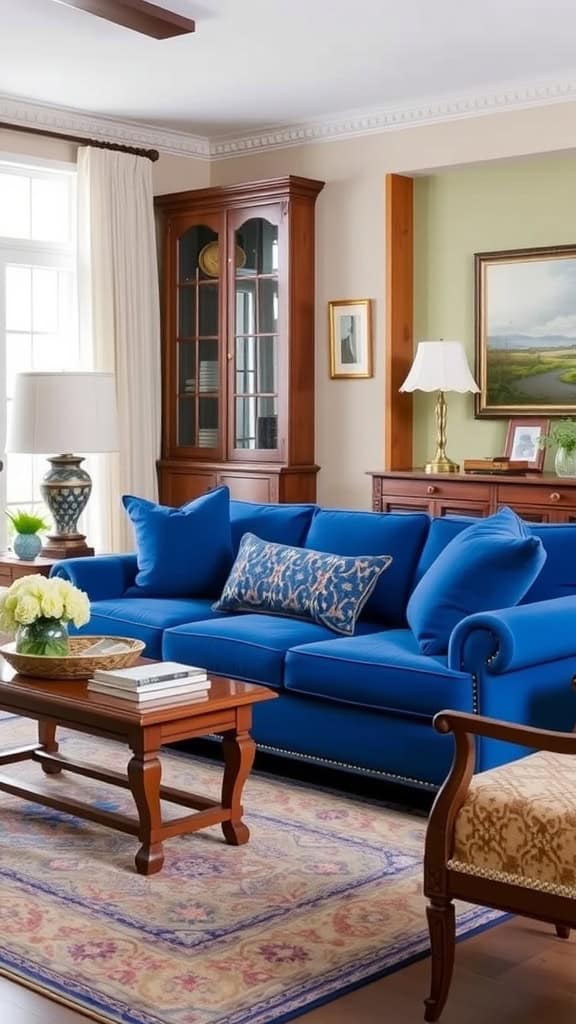 Traditional living room featuring a blue couch with patterned pillows, wooden coffee table, and decorative elements.