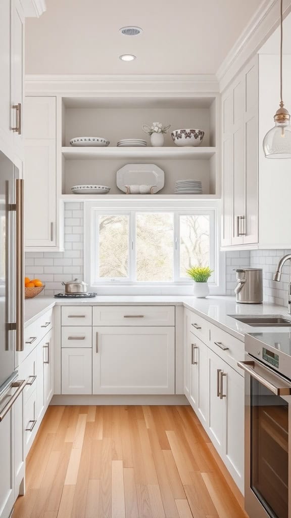 A modern kitchen featuring white shaker cabinets and a bright, airy feel.