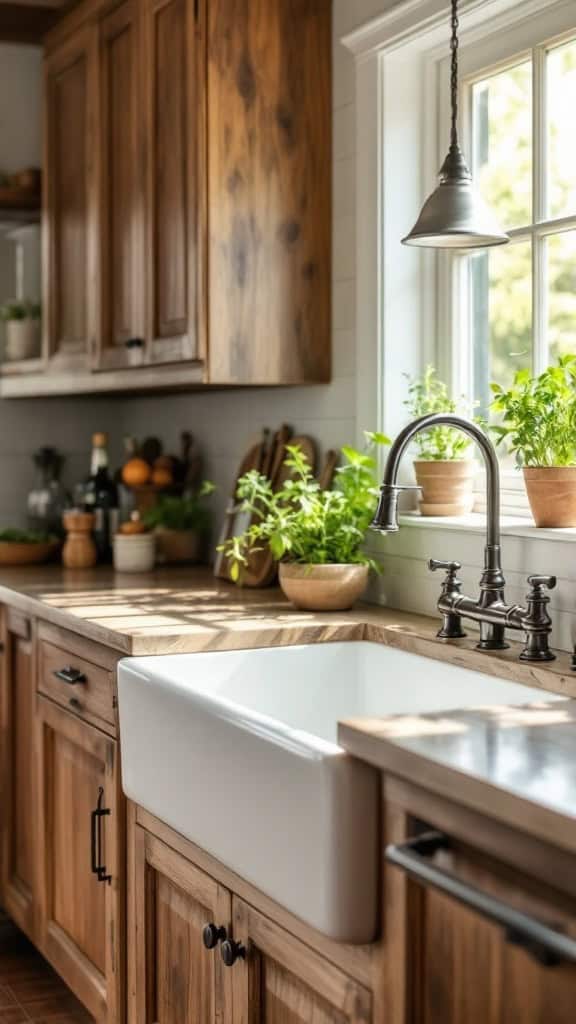 A white apron front sink with a silver faucet, surrounded by wooden cabinets and plants.