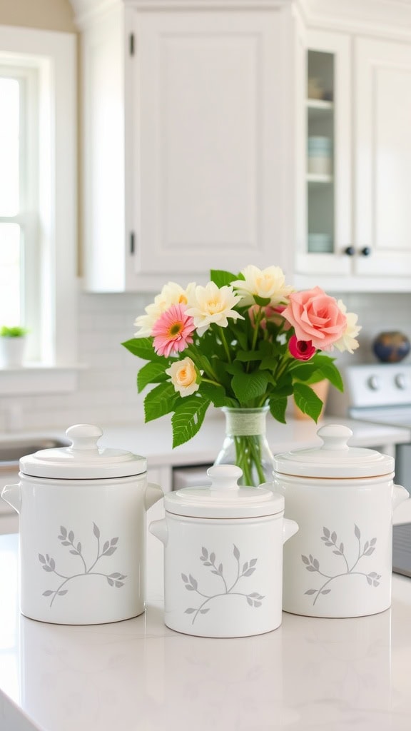 Stylish white canisters with handwritten labels in a kitchen setting.
