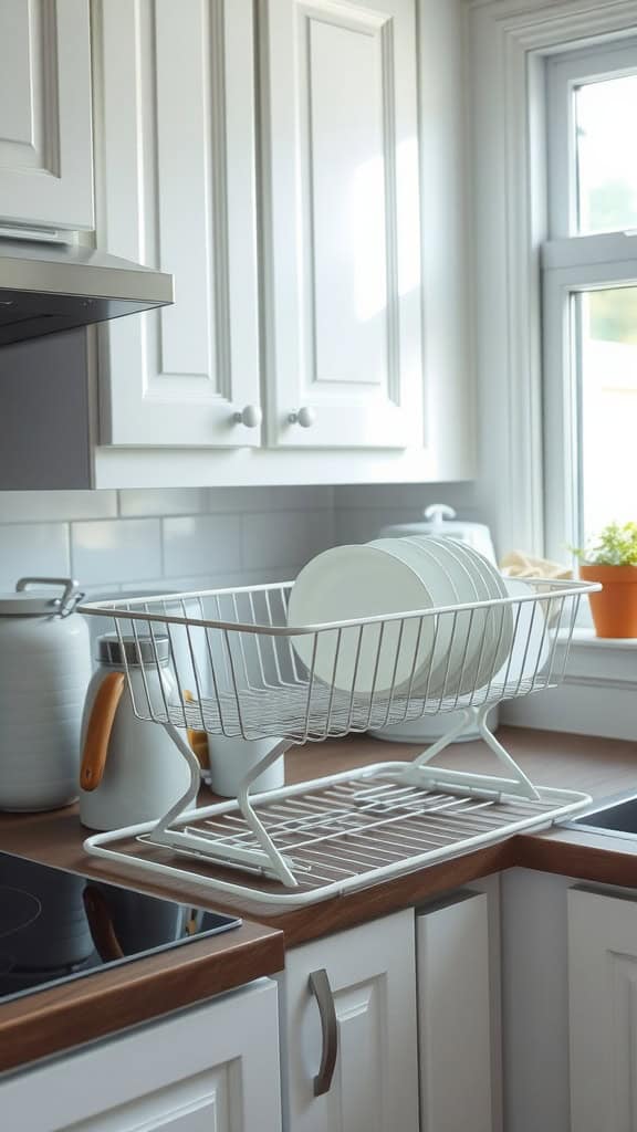A white dish rack with clean dishes on a kitchen counter