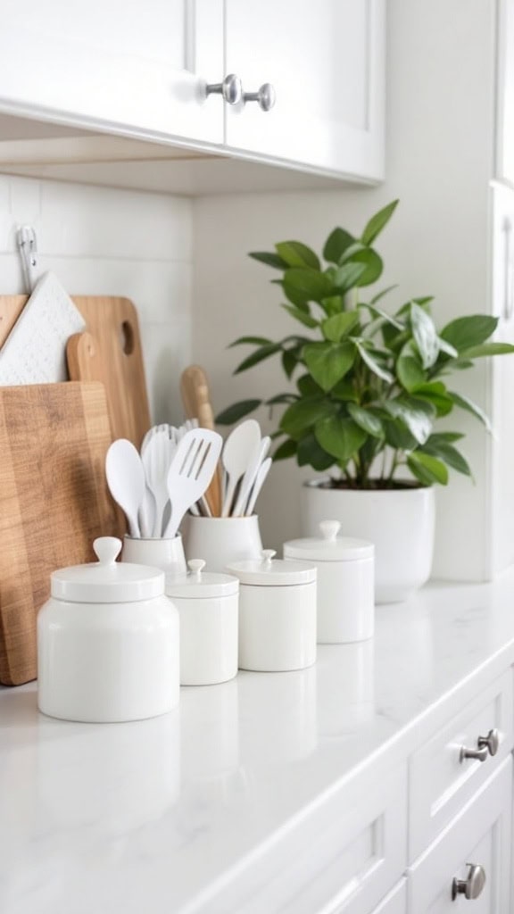 A bright kitchen corner featuring white kitchen accessories, wooden utensils, and a small green plant