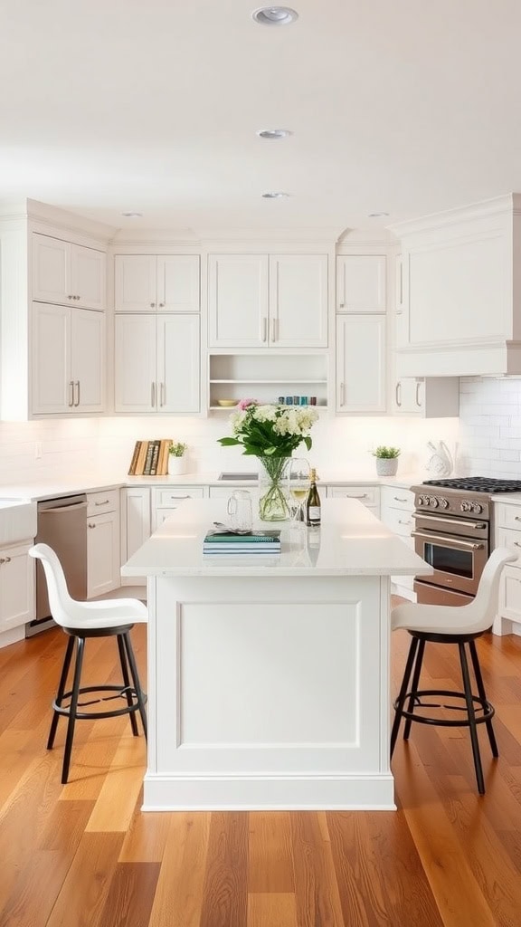 Stylish white kitchen island with bar stools and a bright, airy layout