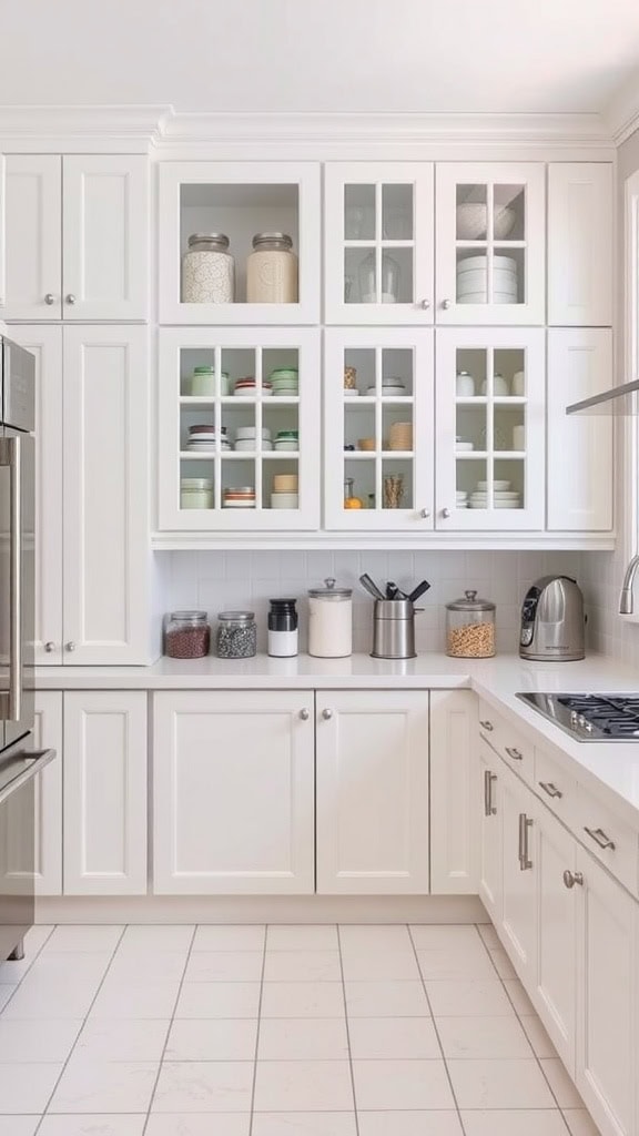 A bright kitchen featuring white pantry cabinets with glass doors, showcasing neatly organized items.