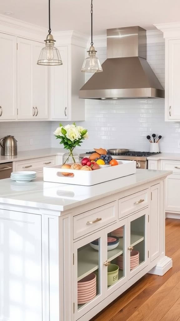 A stylish white serving tray filled with colorful fruits and baked goods on a kitchen island.