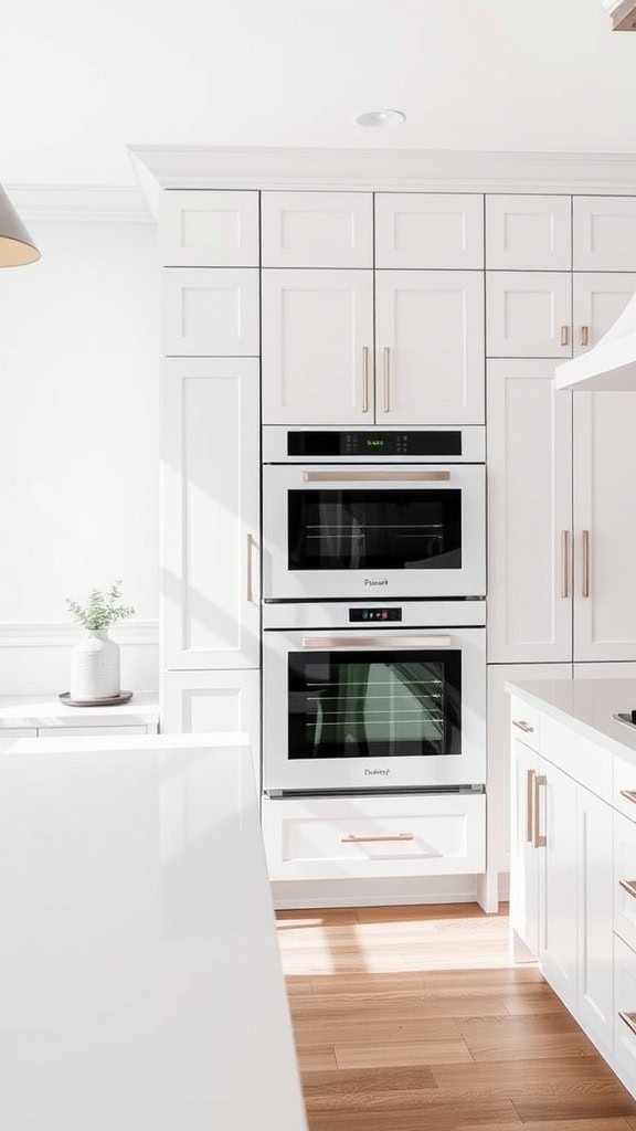 A modern kitchen featuring stacked white wall ovens and elegant cabinetry.